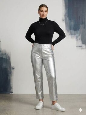 GREY LAB Medium Silver Metallic High Waisted Straight Leg Pants